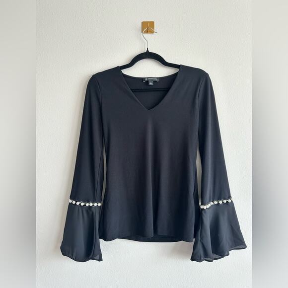 INC Black Bell Sleeve Top with Pearl Trim – Sheer Cuffs, Soft Knit Size S - Picture 1 of 6